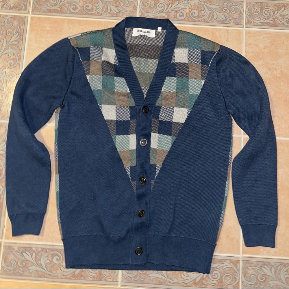 Blue and Plaid Men's Cardigan Sweater